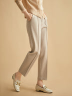 Women’s high-waisted tapered wool-blend trousers, sand beige with front seam and straight leg