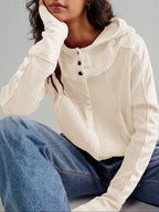 Cream waffle zip-up hoodie with hood, snap buttons, and kangaroo pocket