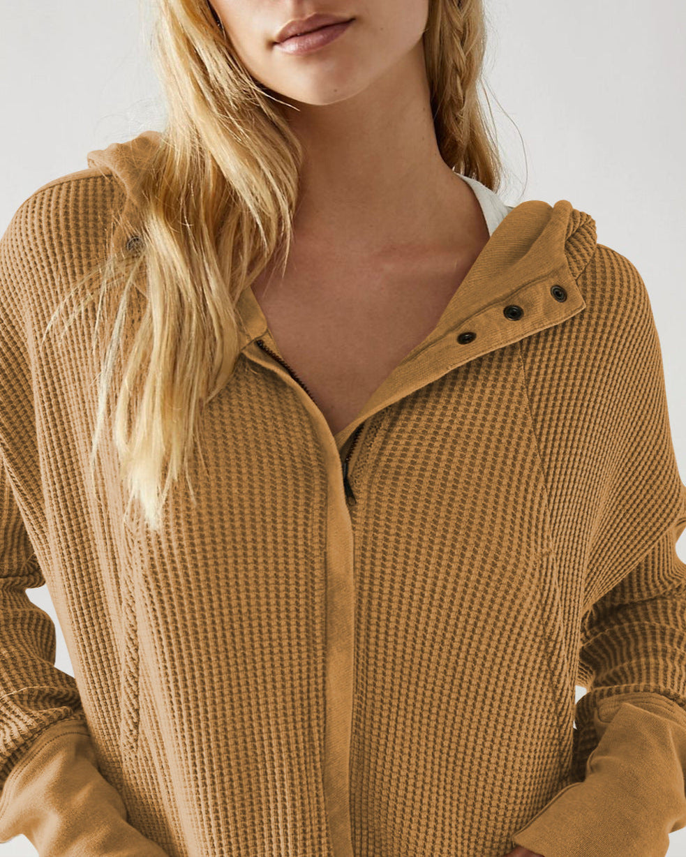 Camel waffle hoodie with hood and zip front, long sleeves