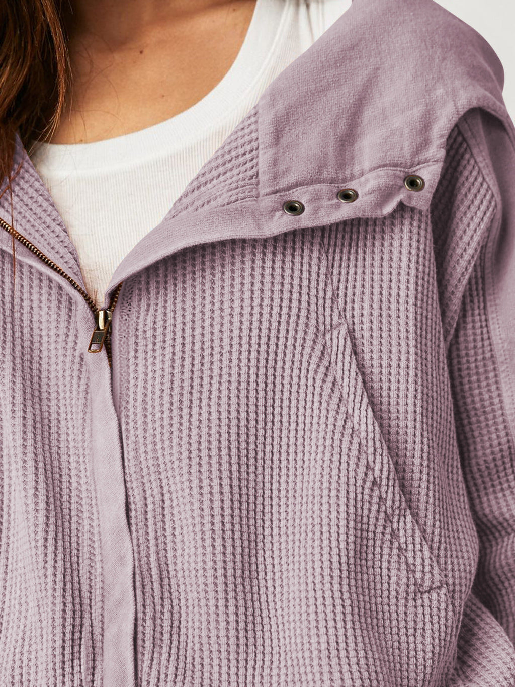Lavender waffle hoodie with zip front and eyelet-style hood toggles, close detail.