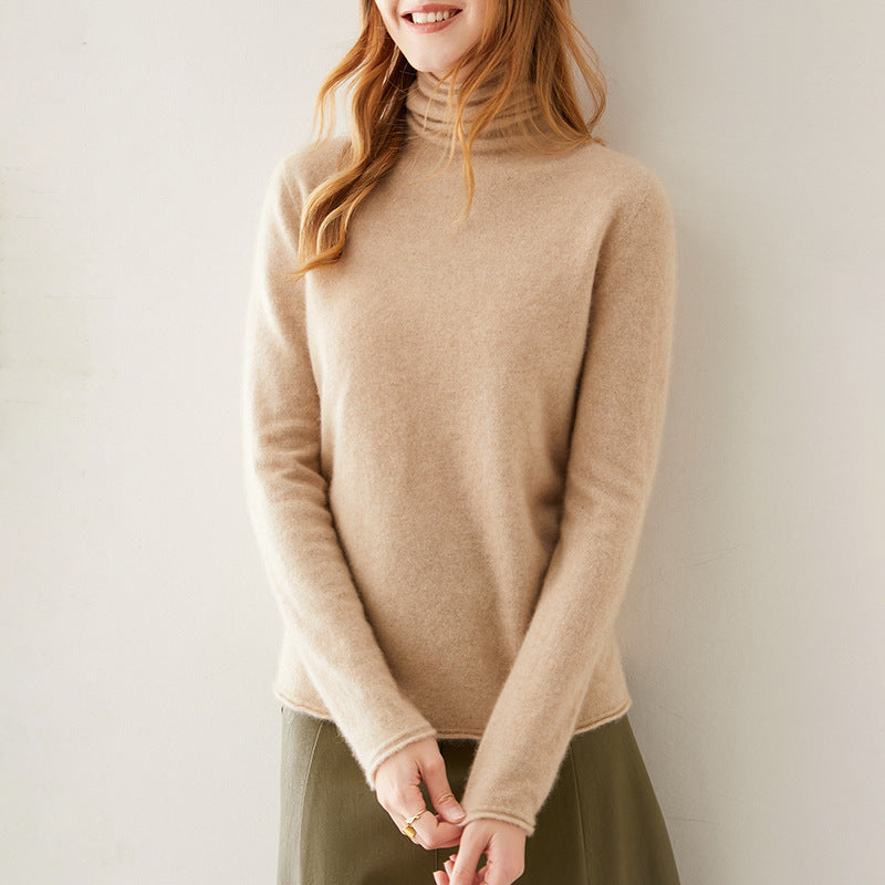Women's slim-fit turtleneck knit sweater in light camel, long sleeves