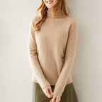 Women's slim-fit turtleneck knit sweater in light camel, long sleeves