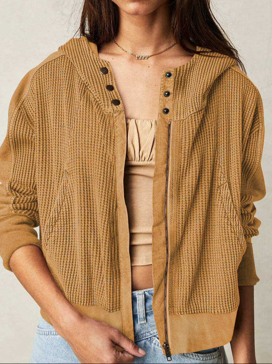 Sand waffle-knit zip hoodie with hood and snap-button placket