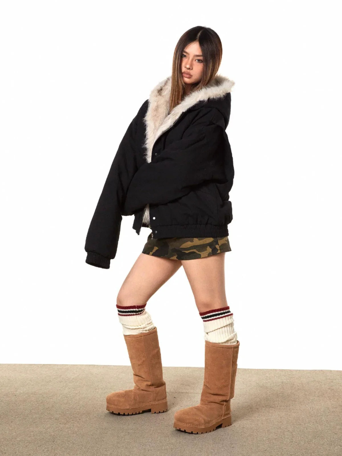 Fur-lined oversized bomber jacket, black with faux shearling collar and zip front