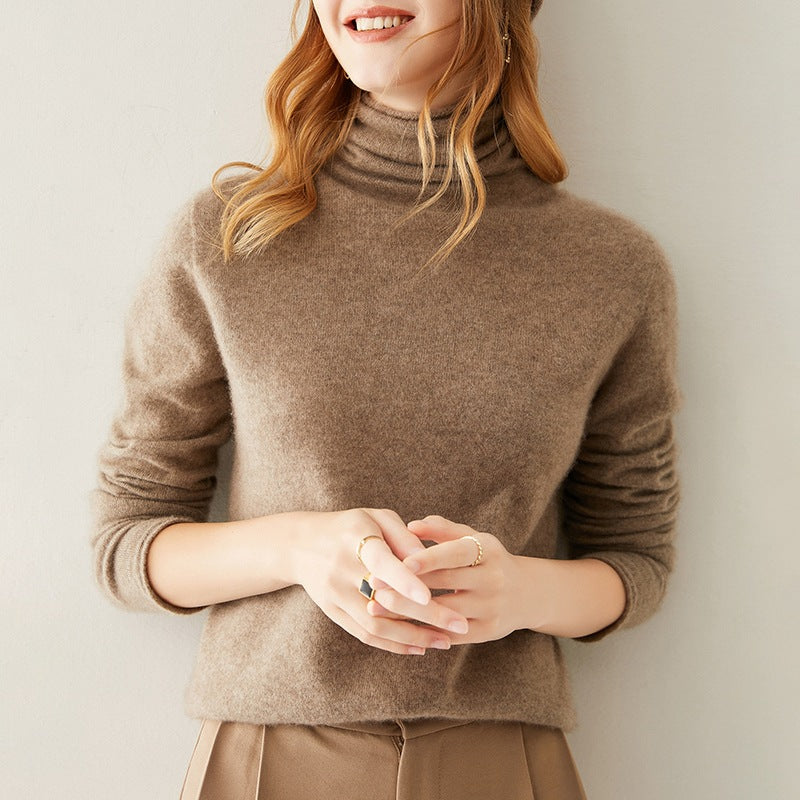 Women's slim-fit turtleneck knit sweater in taupe-brown, fitted long sleeves