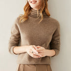 Women's slim-fit turtleneck knit sweater in taupe-brown, fitted long sleeves