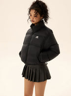 Black short puffer jacket with stand collar and zip front, side pockets
