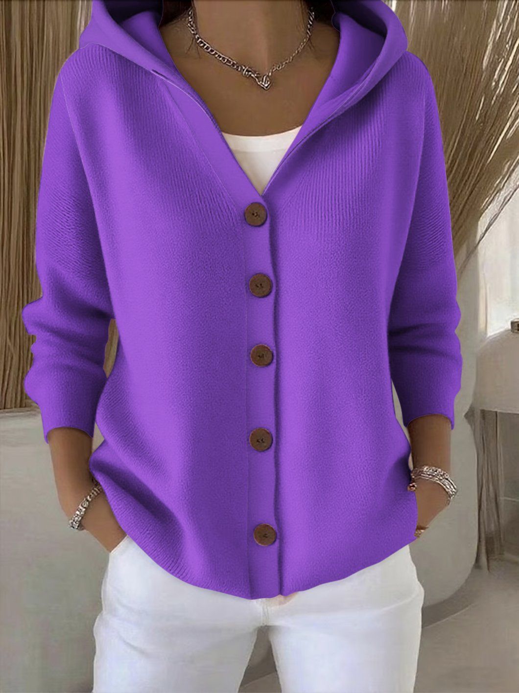 Soft hooded knit cardigan in purple with button front and ribbed cuffs