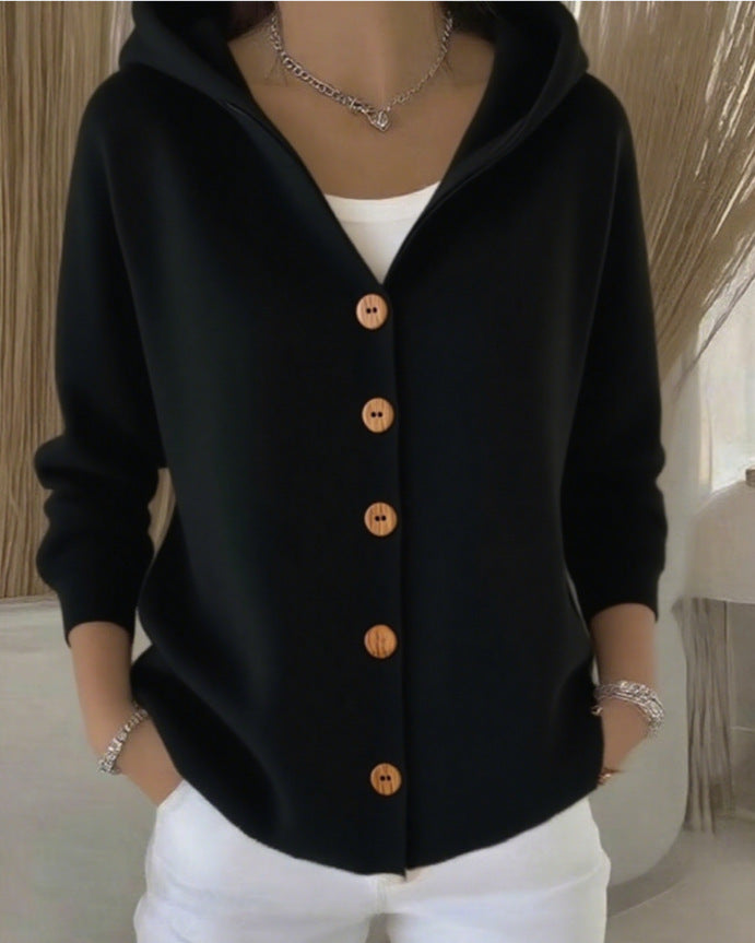 Soft hooded knit cardigan in black with button front and ribbed cuffs