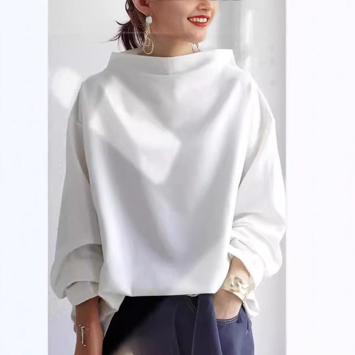 White high-neck casual top with long sleeves and smooth neckline