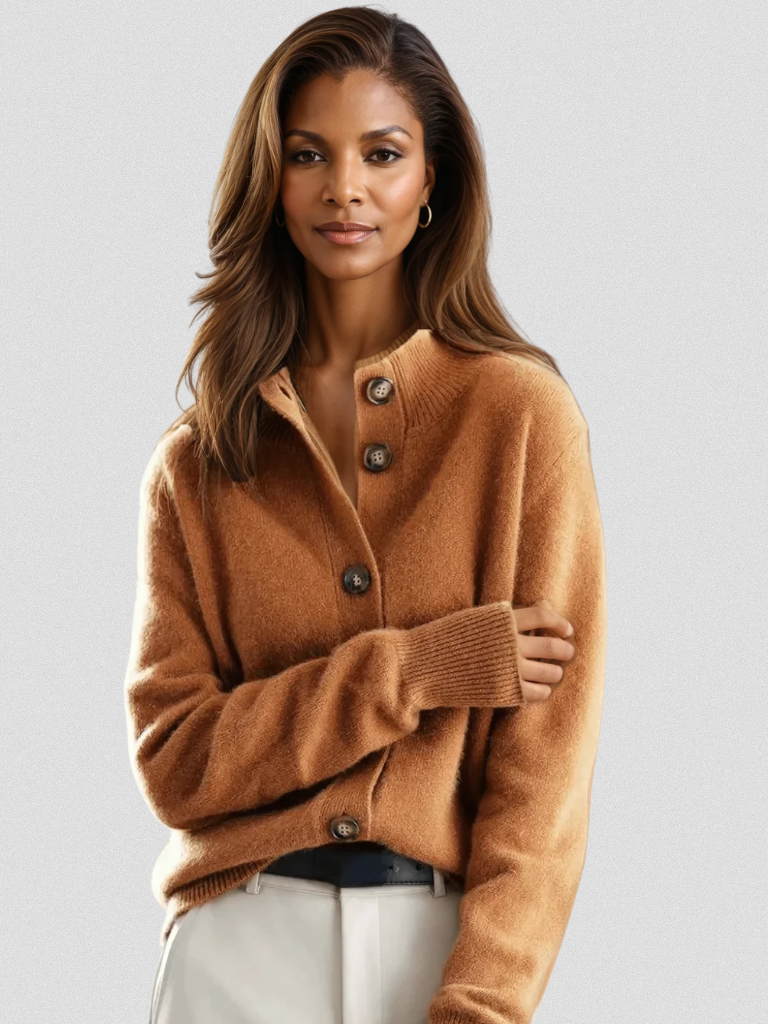 Caramel knit button-front cardigan with pointed collar and ribbed cuffs