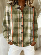 Green plaid knit blouse with collar and button front, featuring dark buttons.