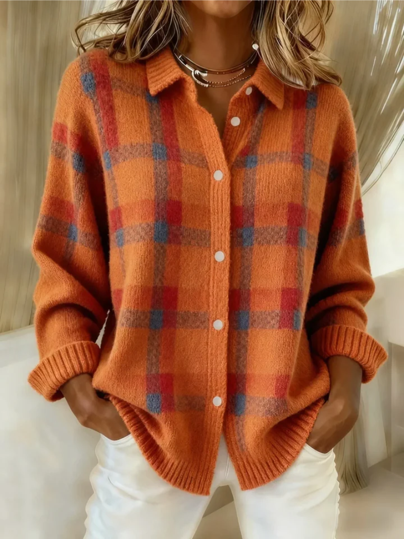 Orange plaid knit blouse with button-front and pointed collar, long sleeves, ribbed cuffs