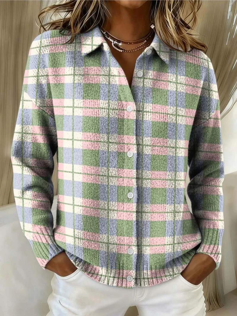 Multicolor plaid button-up knit blouse with pointed collar and white buttons