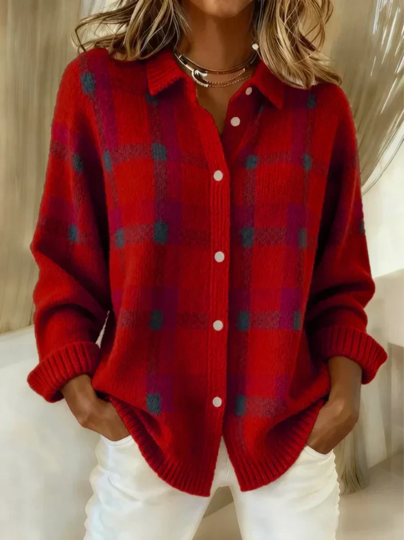 Red plaid knit blouse with button-front and pointed collar, long sleeves, ribbed cuffs