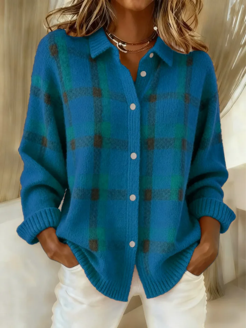 Teal plaid knit blouse with button-front and pointed collar, long sleeves, ribbed cuffs