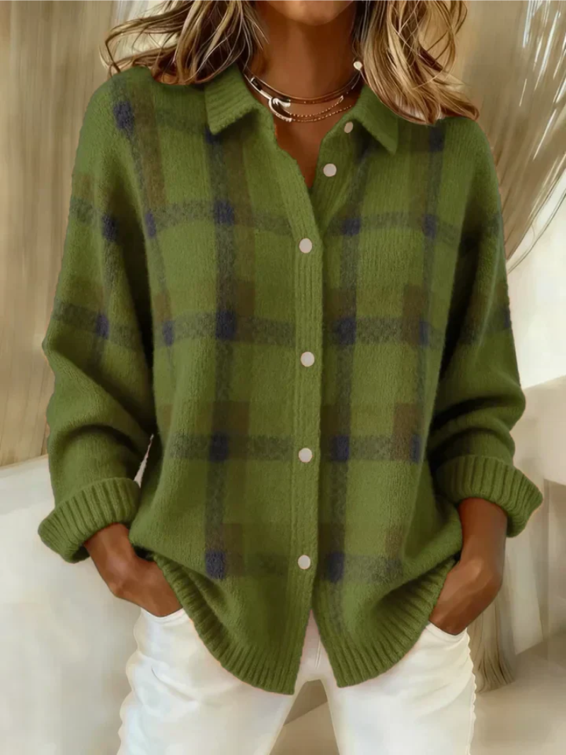 Green plaid button-up knit blouse with pointed collar and white buttons