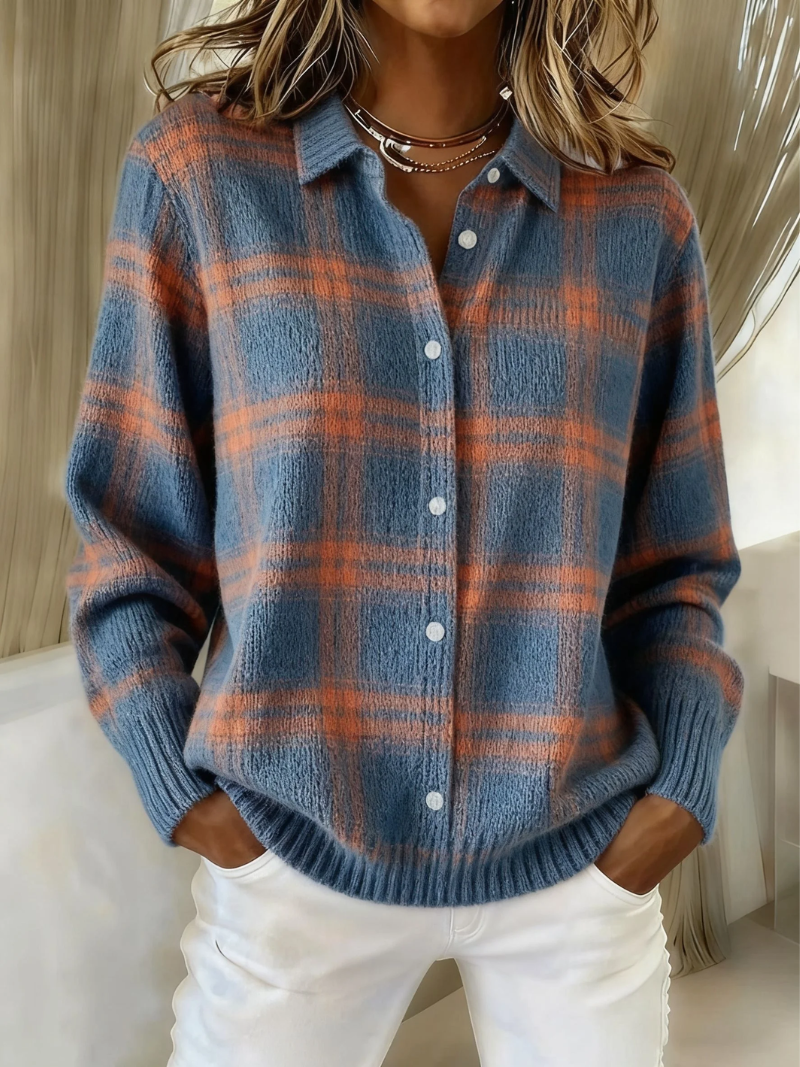 Blue-and-orange striped knit blouse with collar and button front with white buttons.