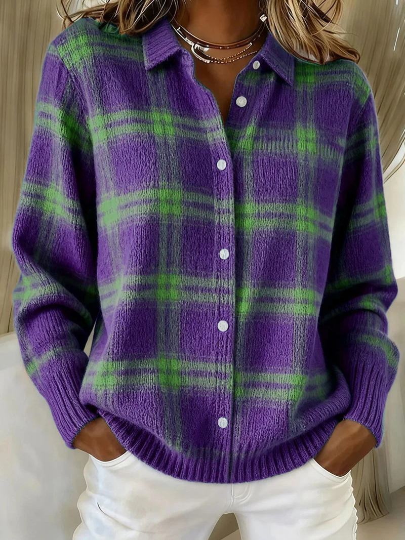Purple and green plaid knit blouse with button-front and pointed collar, long sleeves