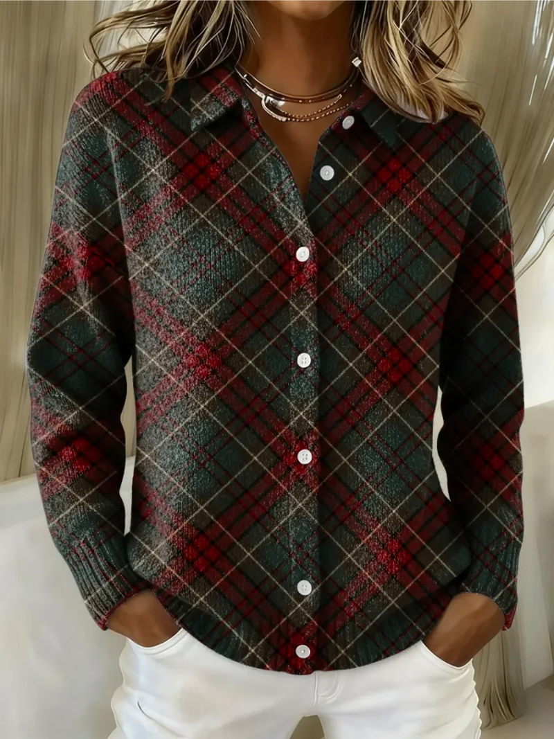 Dark gray plaid knit blouse with button-front and pointed collar, long sleeves
