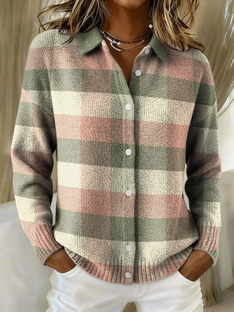 Pastel check plaid knit blouse with collar and button front, with white buttons.