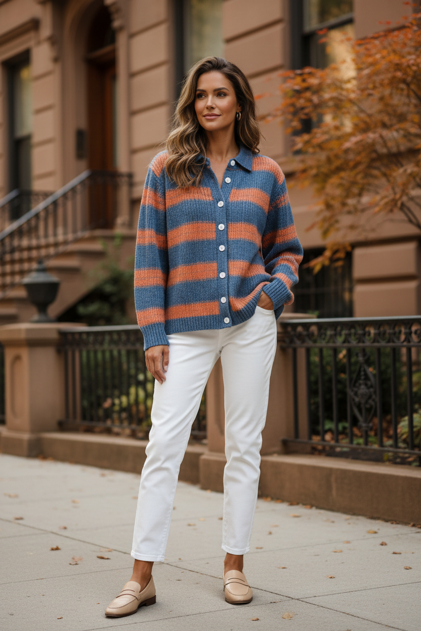 Blue-and-orange striped knit blouse with collar, button front, and white buttons.