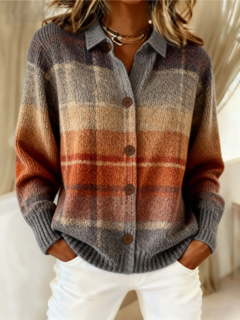 Brown-and-tan plaid knit blouse with collar and button front with dark buttons.