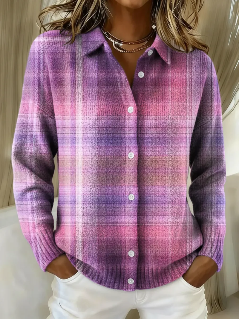 Purple and pink plaid knit blouse with button-front and pointed collar, long sleeves