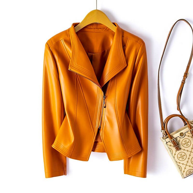 Saffron orange leather moto jacket with stand collar and zip-front, front view on hanger