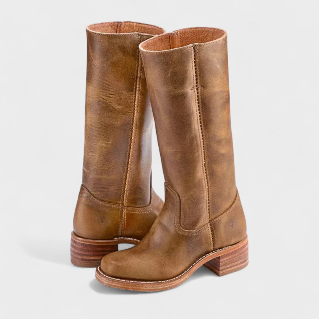 Light brown classic cowboy boots, pull-on shaft with stacked wood-look heel