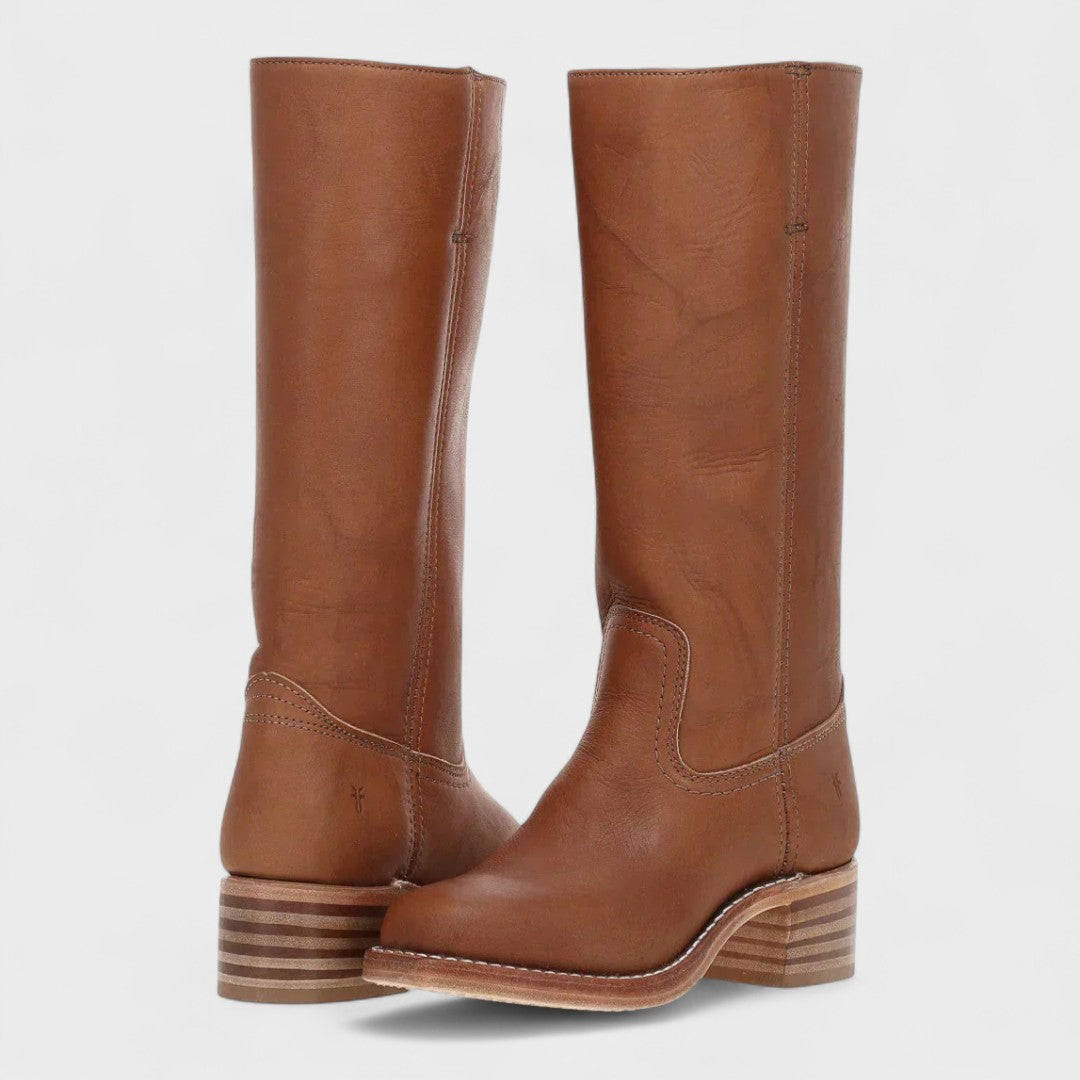 Brown classic cowboy boots, tall pull-on shaft with stacked heel and side seam