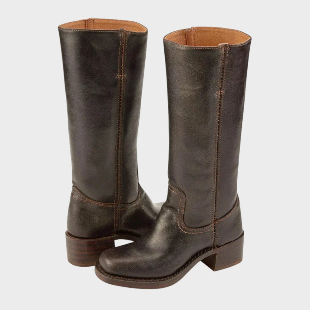 Dark brown classic cowboy boots, pull-on shaft with stacked heel and decorative stitching