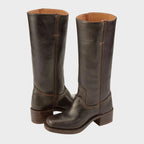 Dark brown classic cowboy boots, pull-on shaft with stacked heel and decorative stitching