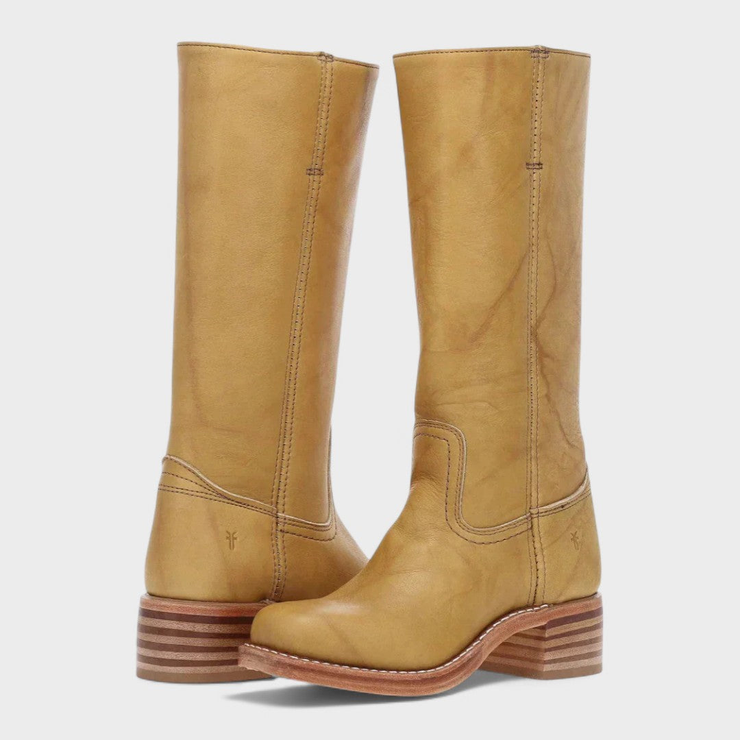 Tan yellow classic cowboy boots with tall shaft and stacked heel, pull-on design