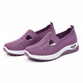 Purple knit slip-on orthopedic sneakers with side cutout and white rubber sole