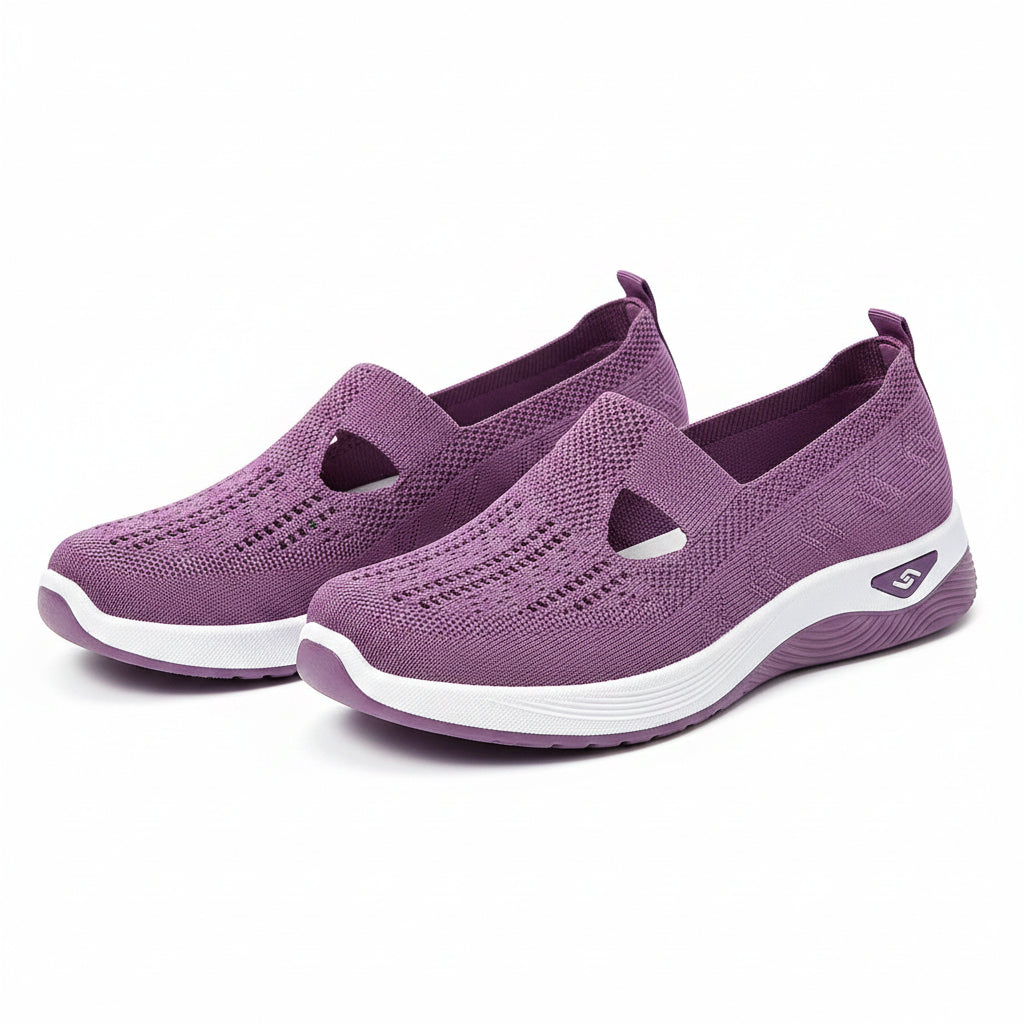 Purple knit slip-on orthopedic sneakers with side cutout and white rubber sole
