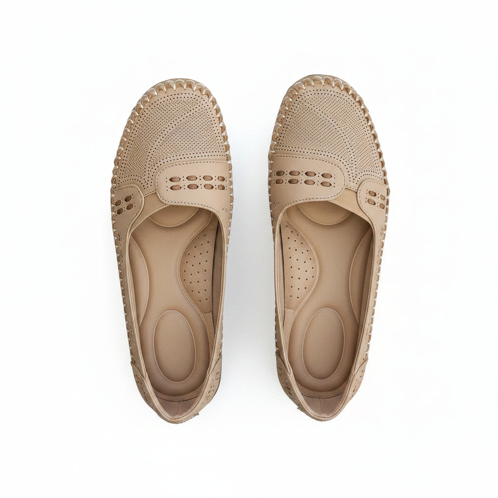 Women’s lightweight comfort loafers, beige perforated slip-on with comfort insole