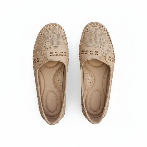 Women’s lightweight comfort loafers, beige perforated slip-on with comfort insole