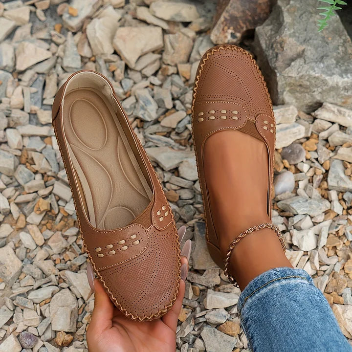 Women’s lightweight comfort loafers, brown perforated slip-on with comfort insole