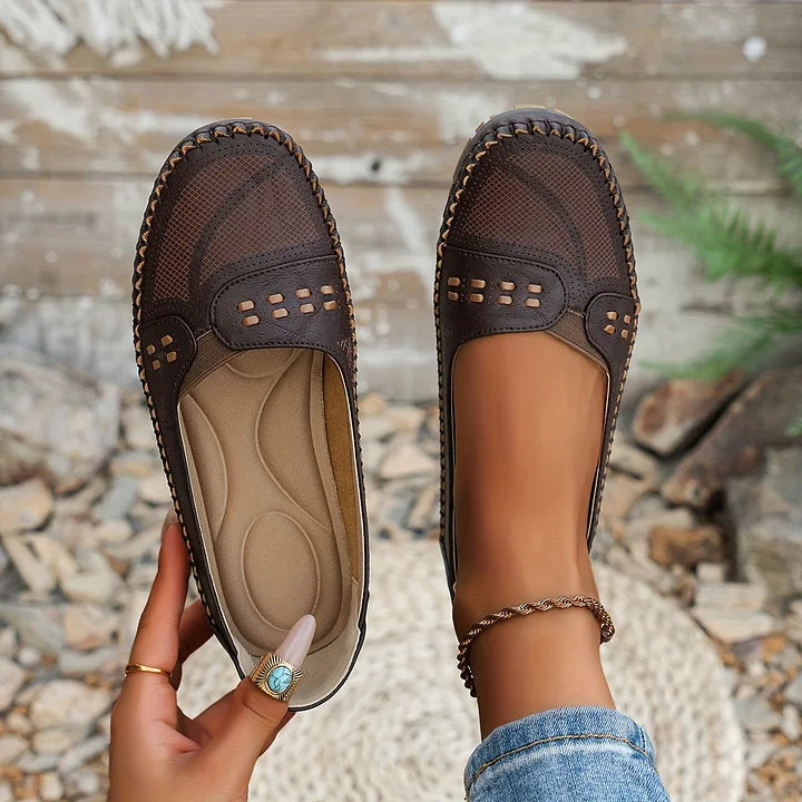 Women’s lightweight comfort loafers, dark brown perforated slip-on with comfort insole