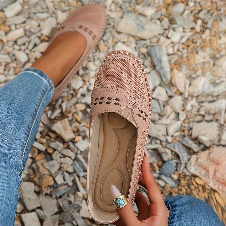 Women’s lightweight comfort loafers, light pink perforated slip-on with comfort insole