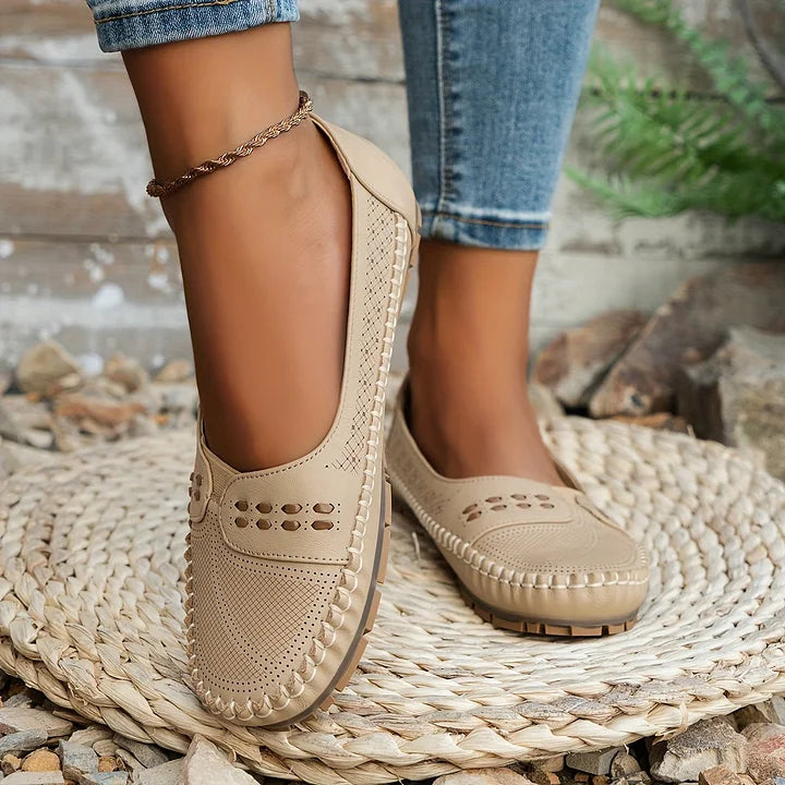Women’s lightweight comfort loafers, beige perforated slip-on with stitched moccasin edge
