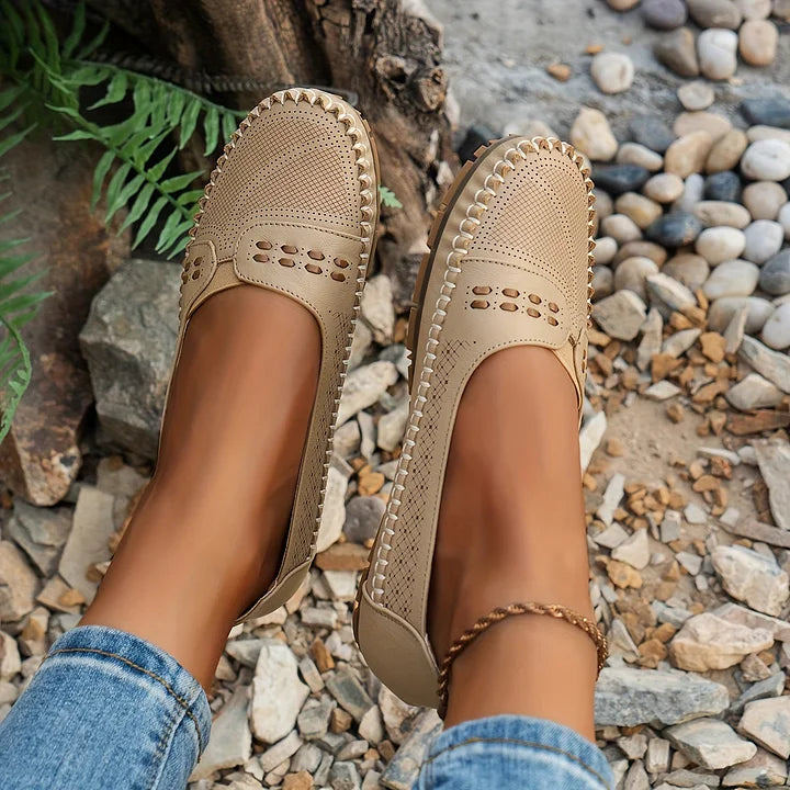 Women’s lightweight comfort loafers, beige perforated slip-on with stitched moccasin edge