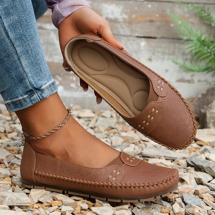 Women’s lightweight comfort loafers, coffee brown perforated slip-on with cushioned sole