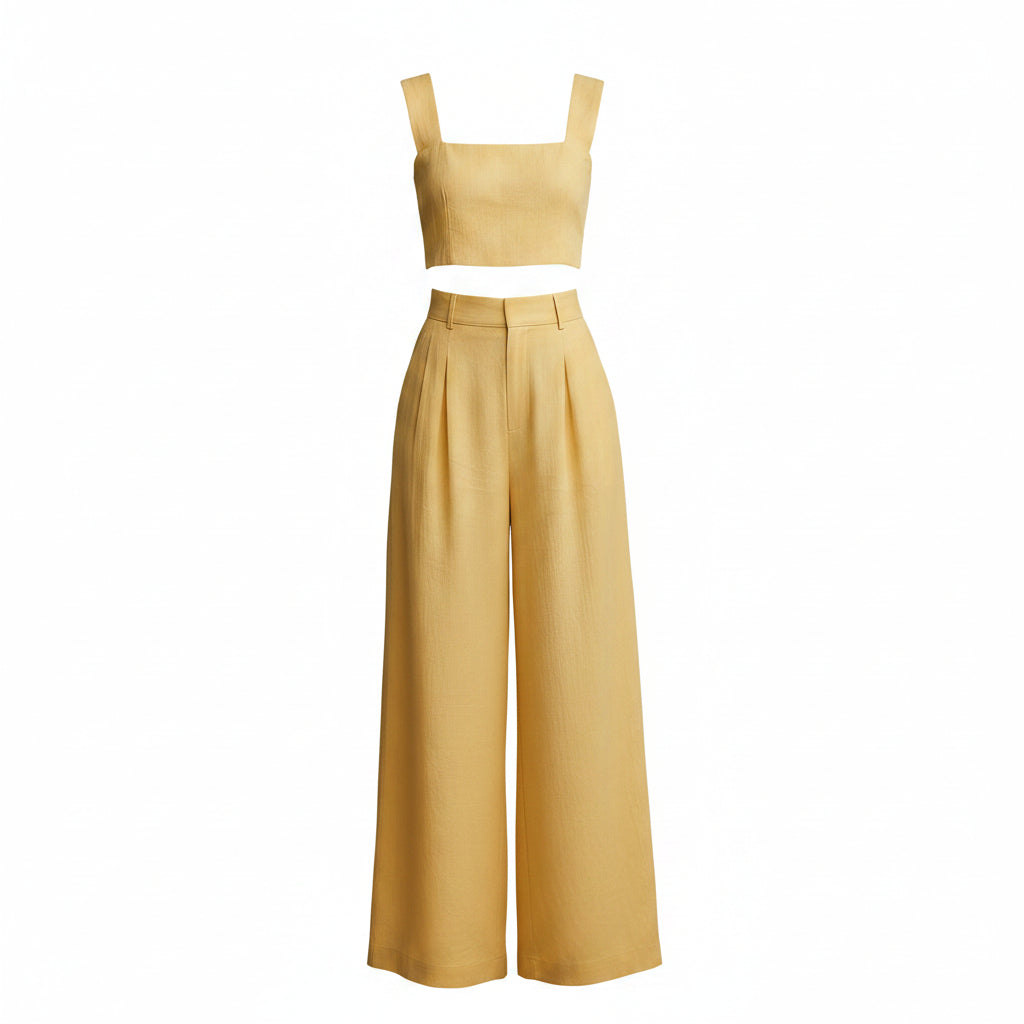 Yellow cropped square-neck camisole and high-waist palazzo pants set