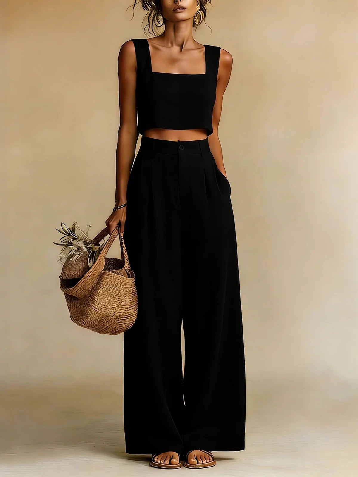 Black cropped square-neck camisole and high-waist palazzo pants set