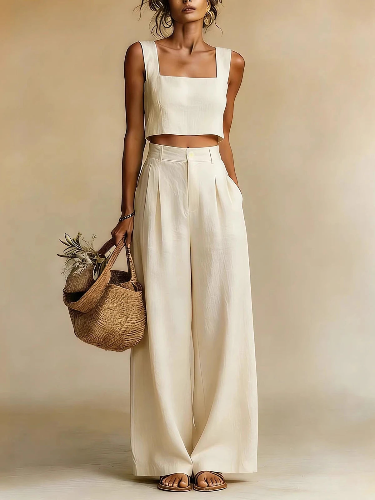 White cropped square-neck camisole and high-waist palazzo pants set
