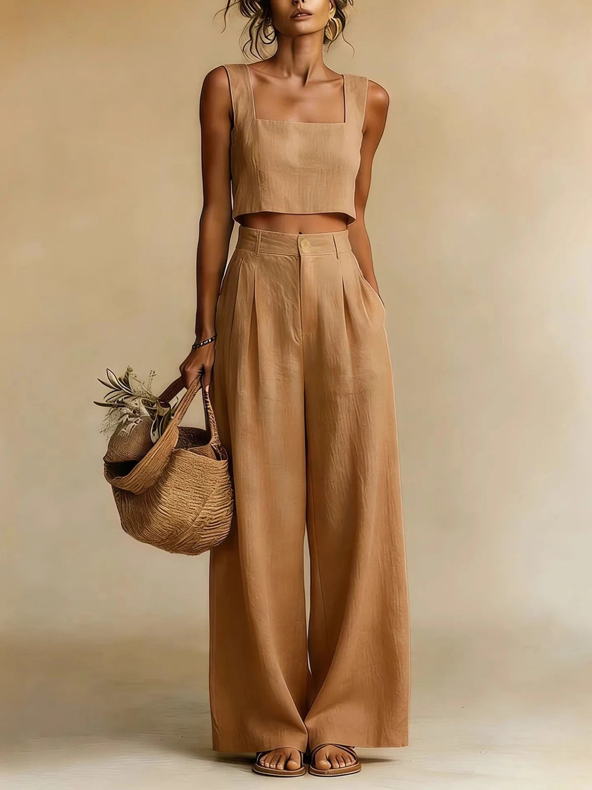 Tan cropped square-neck camisole and high-waist palazzo pants set