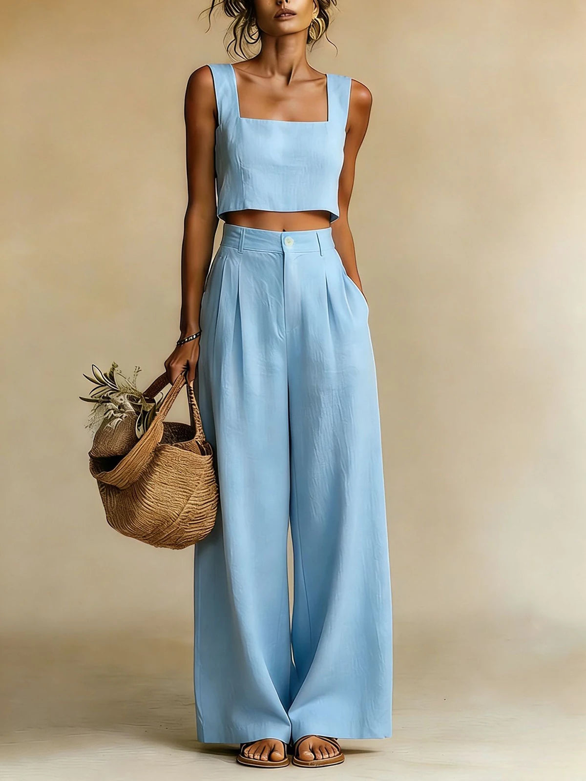 Light blue cropped square-neck camisole and high-waist palazzo pants set