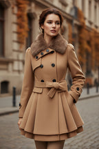 Women’s khaki coat with faux fur collar, double-breasted buttons, and belted waist